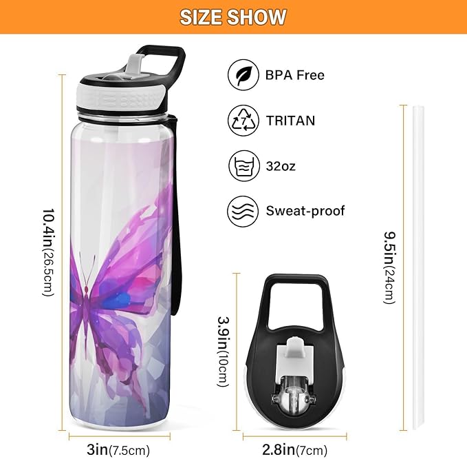 YETTASBIN Purple Butterfly Clear Water Bottle with Straw Lid, BPA-Free Leakproof Sport Water Bottle 32oz Large Gym Water Jug for Men Women Travel Fitness Outdoor