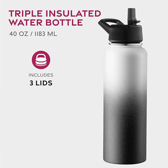 FineDine Water Bottle - Stainless Steel Insulated Water Bottle with Straw Lid, Flip Lid & Wide-Mouth Cap - Keeps Hot and Cold - 40 Oz / 1.18L - Dreamy Black-White