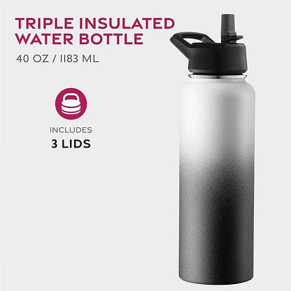 FineDine Water Bottle - Stainless Steel Insulated Water Bottle with Straw Lid, Flip Lid & Wide-Mouth Cap - Keeps Hot and Cold - 40 Oz / 1.18L - Dreamy Black-White