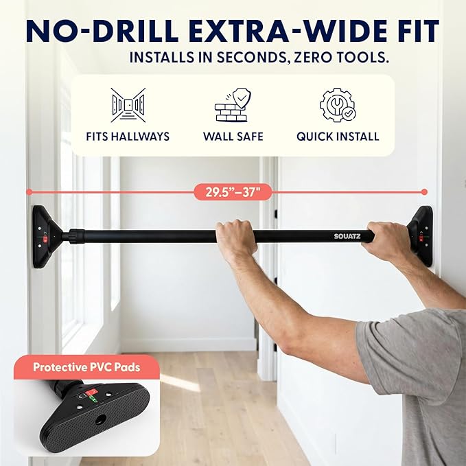 Squatz Doorway Pull Up Bar, Adjustable Door Frame Pull Up Bar with Level Meter, Locking Mechanism & Foam Grips, No Drill Chin Up Bar for Door Frame, Portable Design for Home Workouts