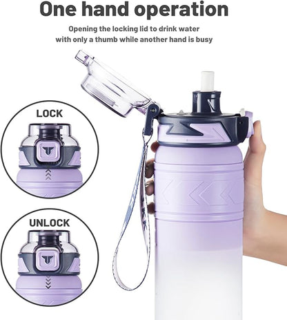 TKK Sports Water Bottles with Removable Straw 34 oz Leak-proof Flip Top Lid BPA Free Tritan Bottles with Strap for School, Fitness, Gym, Outdoor, Purple-White