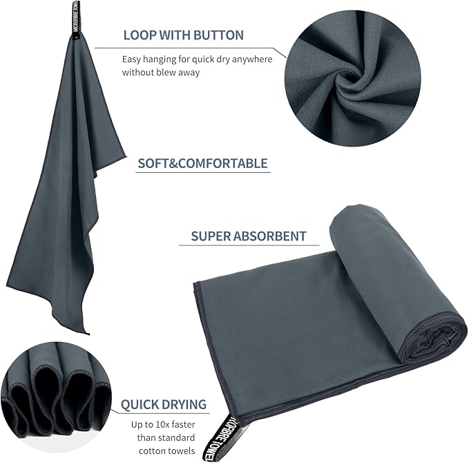 Microfiber Travel Towel, Soft Lightweight Quick Dry Towel, Super Absorbent Compact Travel & Sports & Beach Towels for Camping, Backpack, Gym, Swimming, Yoga, Hiking (L:24"×48" -Black Gray)