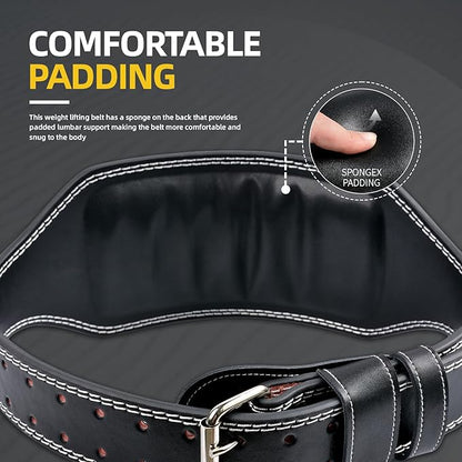 Genuine Leather Weight Lifting Belt, 4”& 6” Padded Lumbar Back Support, 10 Adjustable Holes, Gym Weight Belt Ideal for Deadlift, Powerlifting, Bodybuilding and Squat