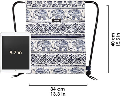 WANDF Drawstring Backpack String Bag Sackpack Cinch Water Resistant Nylon for Gym Shopping Sport Yoga (Blue Elephant with zipper)