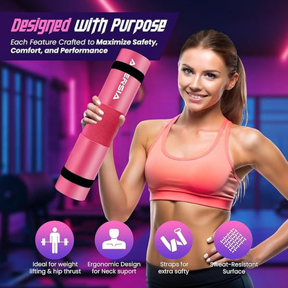Barbell Pad for Squats & Hip Thrusts – 1.2” Extra-Thick High-Density Foam – Non-Slip Neck & Shoulder Support Cushion – Fits Olympic & Standard Bars – Quick On/Off Design + 2 Securing Straps