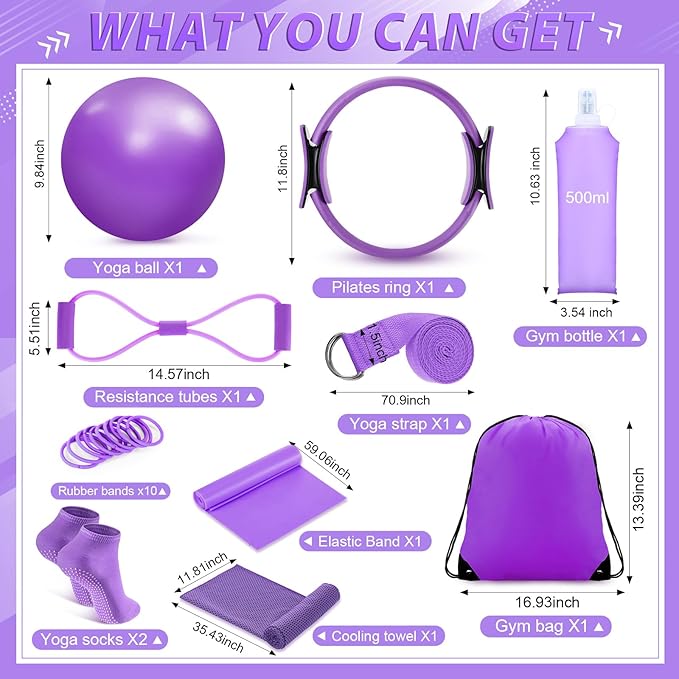 24 Pcs Home Pilates Essentials Kit for Women, Pilates Equipment Ring and Ball Set with Stretching Strap, Water Bottle, Magic Circle, Yoga Ring, Gym Bag, Resistance Band, Anti Slip Socks