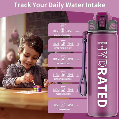 Water Bottle with Straw, 27oz Motivational Water Bottles with Time Marker to Drink, Tritan BPA Free, 750ml Sports Water Bottle with Carry Strap LeakProof for School Fitness Outdoor (1Pack)