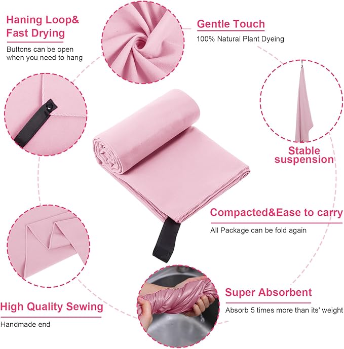 Tudomro 5 Pcs Microfiber Gym Towels Quick Dry Camping Towel for Women Men Gym Sweat Sports Towel for Yoga Tennis Running Swimming Exercise Working Out(Pink,23.6 x 47.2 '')