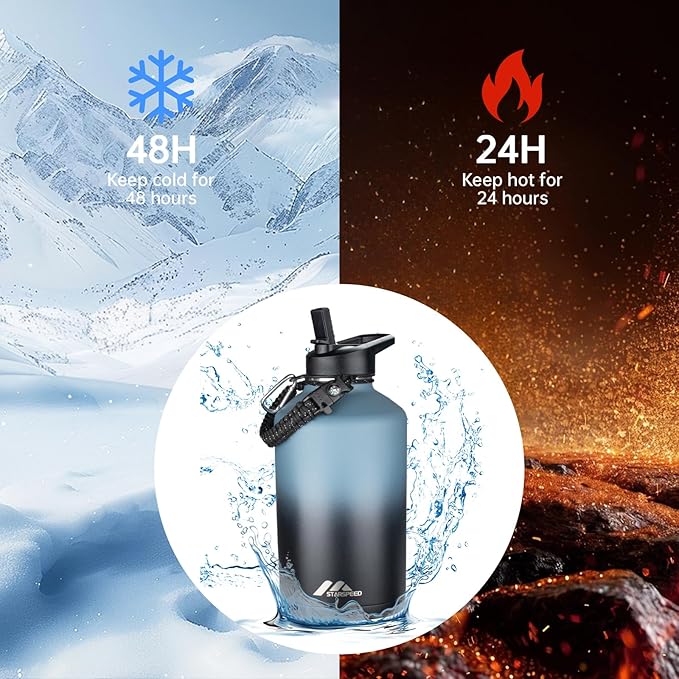 StarSpeed 64oz Insulated Water Bottle with Straws & 2 Lids, Half Gallon Stainless Steel Double Walled Vacuum Water Jug, Large Wide Mouth with Paracord Handle for Gym Camping Hiking, Indigo Black