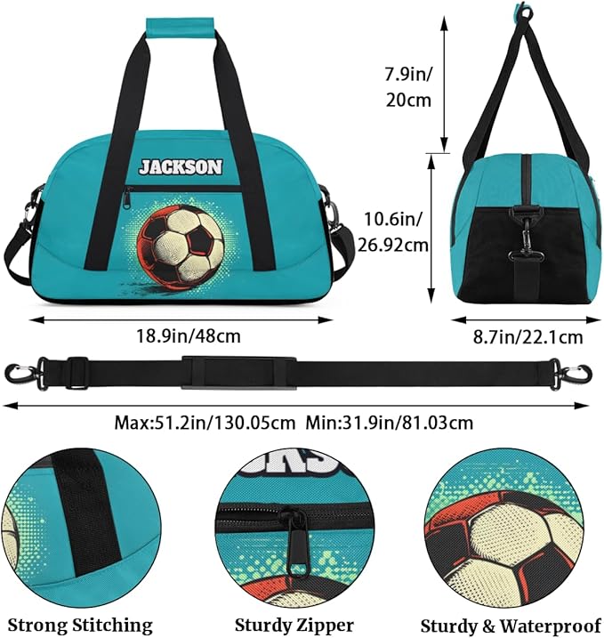 Personalized Soccer Gym Duffel Bags for Kids Boys with Custom Name Sport Training Travel Bags for Overnight Weekender, Indigo Blue