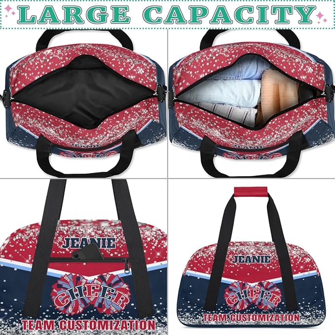 Personalized Cheer Gym Bags for Girls Kids Cheerleaders with Custom Name Sport Dance Perform Training Duffel Bags for Overnight Weekender Travel Red Blue