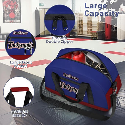 Custom Name Taekwondo Karate Duffle Bag for kids Boy Girls - Personalized Martial Arts Gear Bag, Water-Resistant Sparring Equipment Bag, Taekwondo Navy Red