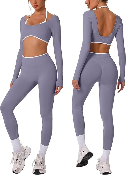 ABOCIW Workout Sets for Women Long Sleeve Crop Top Scrunch Butt Lifting High Waist Leggings 2 Piece Gym Yoga Outfits
