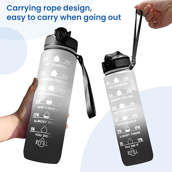 32 oz Motivational Water Bottle with Time Marker,Water Bottles with Times to Drink and Straw with Carrying Strap,Perfect For Fitness Gym Outdoor,BPA Free (Black & White Gradient)