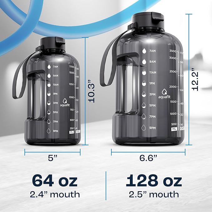 AQUAFIT 1 Gallon Water Bottle with Time Marker - Straw & Chug Lid - BPA Free Gym Water Bottle with Straw - Big Gallon Jug (Blue Skies, 128 oz - 2 Lids)