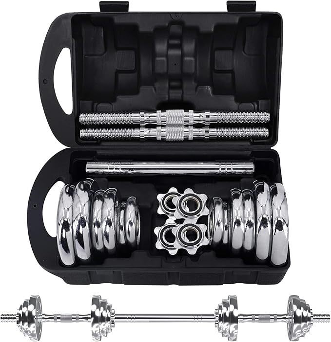 VIVITORY Fitness Dumbbells Set, Adjustable Weight Sets up to 11/22/44/66/100 lbs, with Metal Connecting Rod Used As Barbell, Chromed Weights, Hardcover Gift Box, Home Gym Work Out Training Equipment