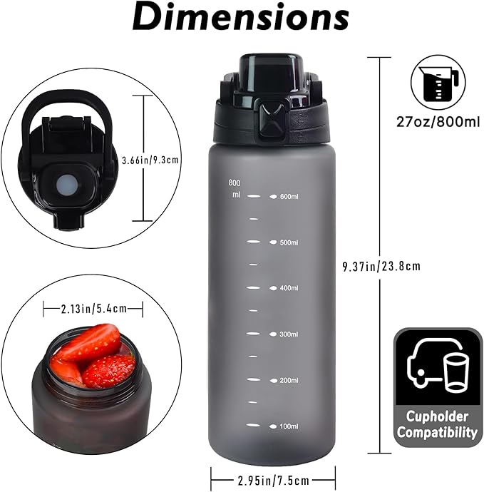 27oz Sports Water Bottle with Removable Filter, Motivational Water Bottle with Capacity Marker, Leakproof Drinking Water Bottle with Handle for Travel Fitness Gym Outdoor (Black)