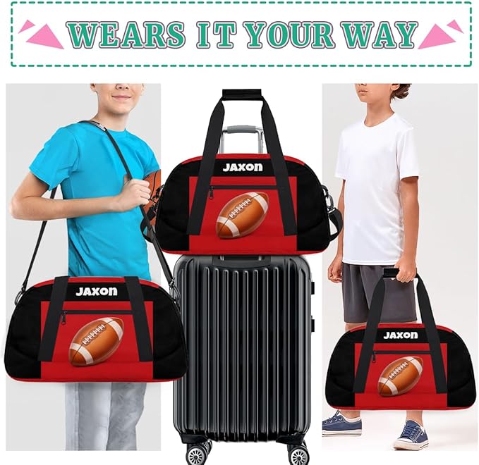 Personalized Boys Football Bag, Sport Duffel Gym Gymnastics American Football Bag Weekender Bags Gym Bag Travel Duffel Bag, Black Red