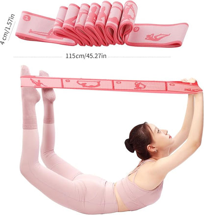 Elastic Yoga Stretching Strap with 9 Loops Pattern Guide, Stretch Straps for Pilates, Dance, Gymnastics Physical Therapy, Multi-Loop Adjustable Exercise Bands