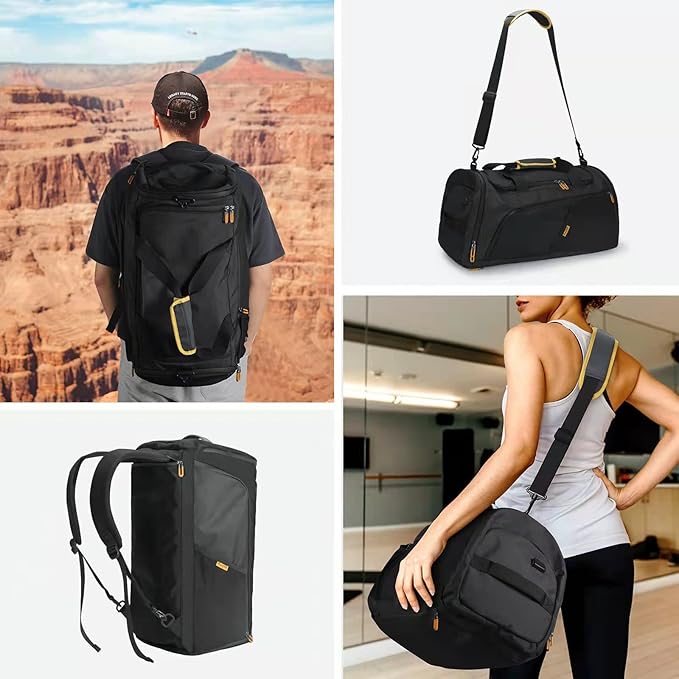 Gym Duffle Bag for Men Women, Travel Duffel Bag Backpack with Shoe Compartment & Wet Pocket, 50L Waterproof Sports Overnight Weekender Bag with USB Port, Black