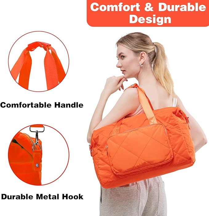 Orange Gym Bag for Women, 18 Inch Lightweight Puffy Carry On Duffel Bag for Travel Sports Yoga, Water Resistant