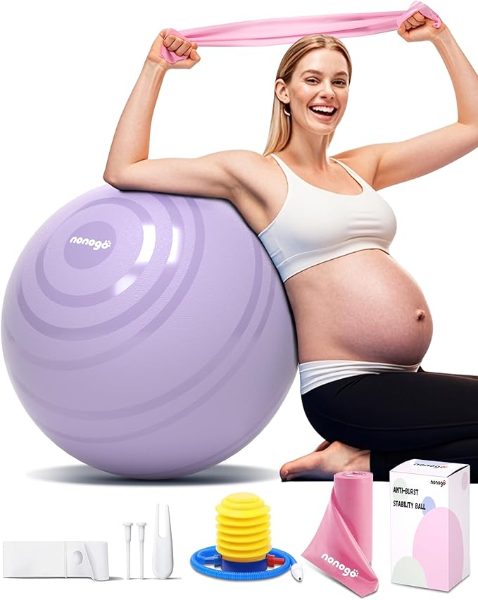 nonogo Birthing Ball for Pregnancy with Resistance Bands- Exercise Ball for Working Out, Yoga, Physical Therapy, Maternity Physio, Balance Stability Ball with Pump