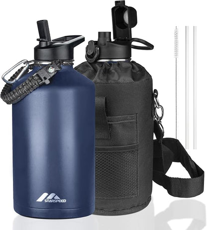 StarSpeed One Gallon Insulated Water Bottle with Straws & 2 Lids, 128oz Stainless Steel Double Walled Vacuum Water Jug, Large Wide Mouth with Paracord Handle for Gym Camping Hiking, Navy Blue