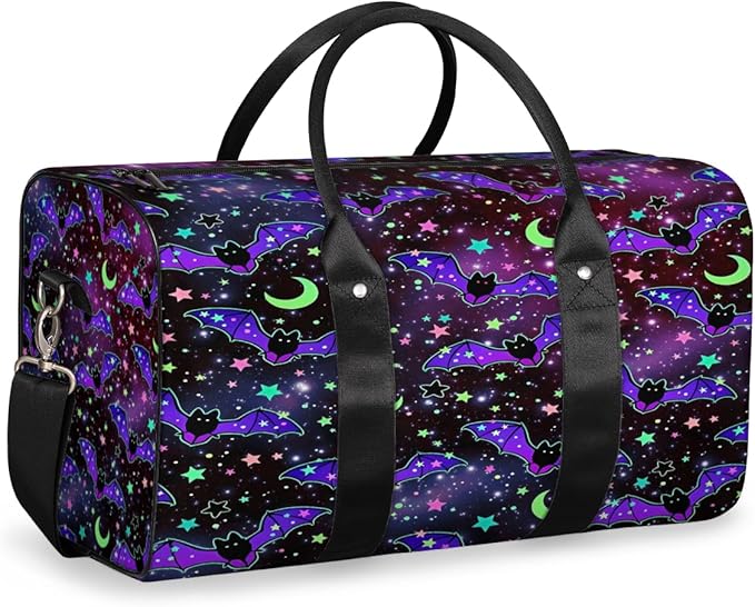 Travel Duffel Bag Bat Galaxy Moon Flower Sport Tote Gym Bag Waterproof Foldable Carryon Weekend Overnight Training Handbag Sports Duffle Bags for Women Men Boys Girls