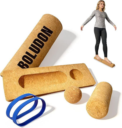 2026 NEW Balance Board Cork Half Roller Kit | Foot Balance Trainer & Ankle Strengthener for Stretch Massage Fascia Release | Cork Massage Ball Roller Resistance Bands | Portable Balance Training Set for Home Gym