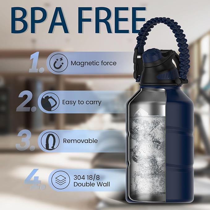 Fjbottle Insulated Half Gallon Water Bottle 64oz with Magnetic Lid,Stainless Steel Double-Wall Vacuum Leak Proof Sports Insulated Jug Keep Water Hot & Cold for Outdoor,Gym Navy