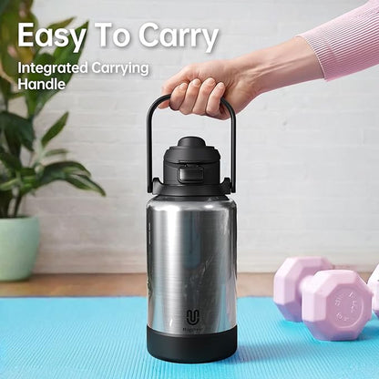 64oz Insulated Magnetic Water Bottle - Stainless Steel Vacuum Flask with MagSafe Compatible Phone Holder Keeps Drinks Cold for 24 Hours Water Jug for Gym and Outdoor Activities（Silver)