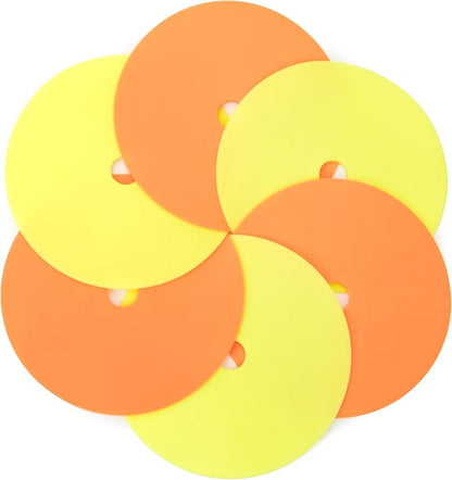 Crown Sporting Goods 6" Non-Skid Floor Spot Markers: Set of 50 Agility Training Flat Field Cones in Fluorescent Yellow & Orange with Metal Carrying Stand