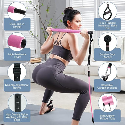 Pilates Bar Kit with Resistance Bands, Multifunctional Pilates Bar with 3 Set Exercise Resistance Bands, Portable Pilates Equipment for Women Home Gym Yoga Workouts