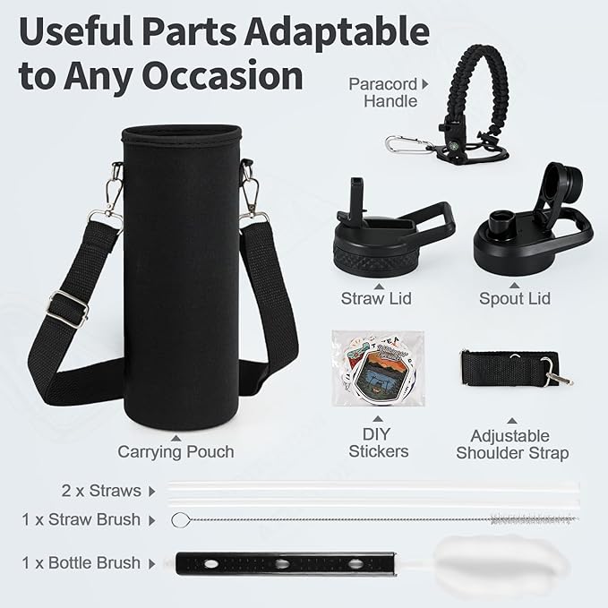 24 oz Insulated Water Bottle with Straw (Cold for 24 Hrs), Stainless Steel Triple Wall Vacuum Sports Water Jug, Leakproof Hydro Cup Flask with Paracord Handle & Straw Spout Lids & DIY Stickers