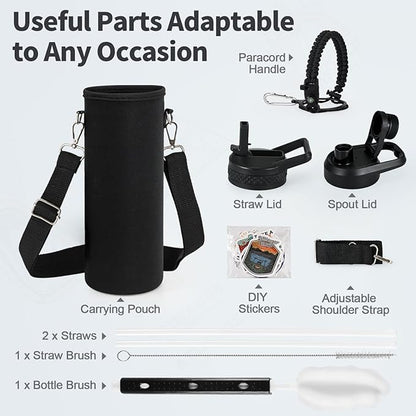 24 oz Insulated Water Bottle with Straw (Cold for 24 Hrs), Stainless Steel Triple Wall Vacuum Sports Water Jug, Leakproof Hydro Cup Flask with Paracord Handle & Straw Spout Lids & DIY Stickers