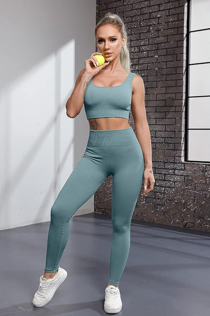 FAFOFA Ribbed Workout Outfits for Women 2 Piece Seamless Sport Bra High Waist Yoga Leggings Sets