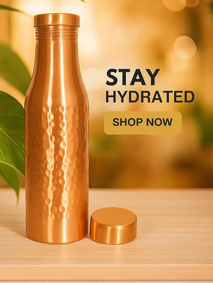 Copper Water Bottle 34 Oz Hammered Copper Water Bottle For Drinking 100% Pure Ayurvedic Vessel For Leak-Proof Lid Bottle for Yoga, Gym, Office, Home