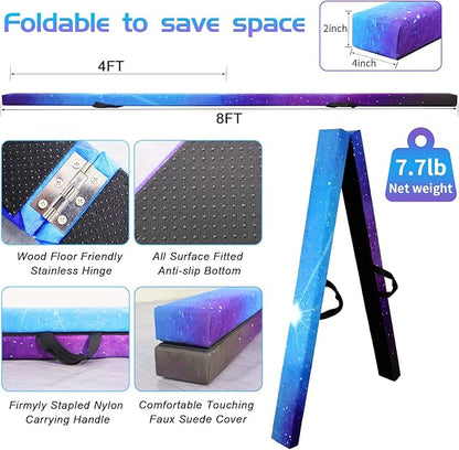 8FT Folding Balance Beam -Gymnastics Floor Beam -Gymnastics Equipment for Kids,Wood core- Anti-Slip Bottom and Carrying Bag for Home