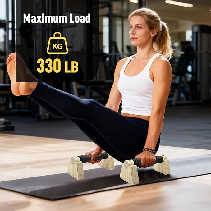 Push-up Stand, Wooden Parallettes Bars for Handstand Training, Solid Push Up Bars & Calisthenics Bar, with Non-Slip strap, Exercise Home Workout Equipment for Men Strength Training