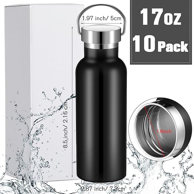 Cunhill 10 Pack Reusable Stainless Steel Water Bottle Bulk Double Wall Insulated Sports Water Bottle with Handle and Vacuum Seal Leakproof Lid for Sports Cyclists Hiking Gym Camping Gift(Black,17 oz)