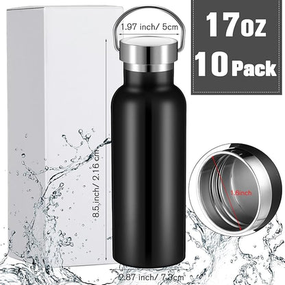 Cunhill 10 Pack Reusable Stainless Steel Water Bottle Bulk Double Wall Insulated Sports Water Bottle with Handle and Vacuum Seal Leakproof Lid for Sports Cyclists Hiking Gym Camping Gift(Black,17 oz)