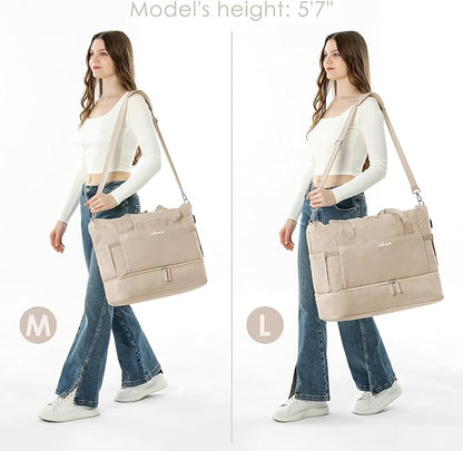 ETRONIK Gym Bag for Women, 45L Carry On Travel Duffel Bag with Shoes Compartment, Weekender Overnight Bag with Wet Pocket & USB Charging Port for Women, Travel, Gym, Weekend, Large Size (Beige)