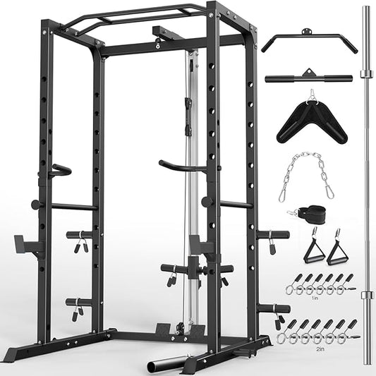 Power Cage, Multi-Functional Power Rack with J-Hooks, Dip Handles, Landmine Attachment and Optional Cable Pulley System for Home Gym