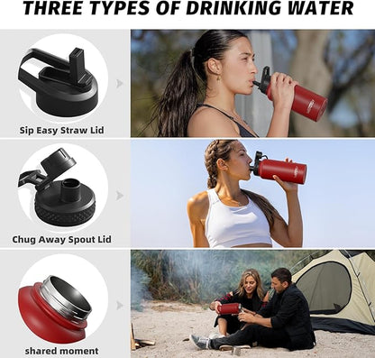32oz Insulated Water Bottle (Cold for 48 Hrs),BPA Free&Leak Proof,Stainless Steel Water Flask,Water Jug with Straw Spout Lids for Gym,Hiking,Travel,Red