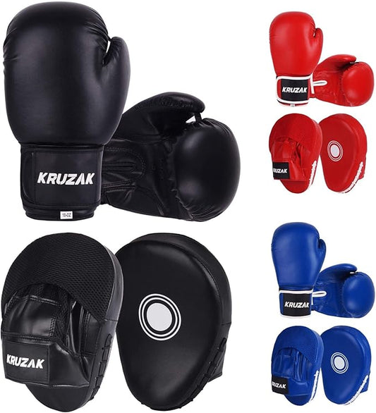 Kruzak Plain Focus Mitts and Boxing Gloves Set for Kickboxing and Muay Thai MMA Training - Fitness Kit with Punching Pads for Martial Arts and Karate