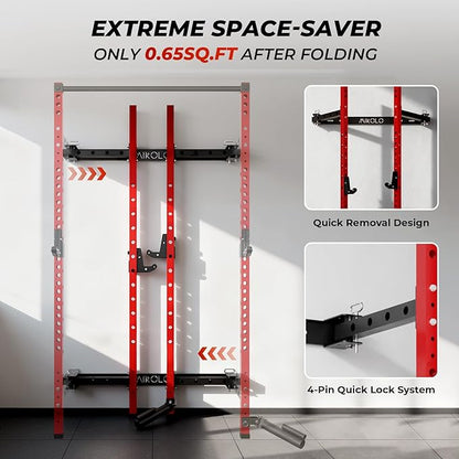 Mikolo 2" x 2" Folding Wall Mounted Squat Rack, 1000 Pounds Capacity Power Rack with Pull Up Bar, J Hooks and Other Attachments, Space-Saving Home Gym