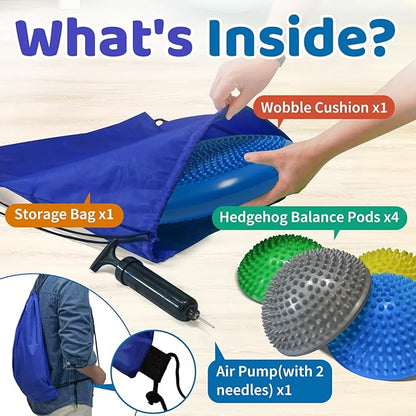Wobble Cushion Set for Sensory Kids and Balance Training - Disc Plus 4 Pods, Board With Pump, Inflatable Stepping Pads for Adults