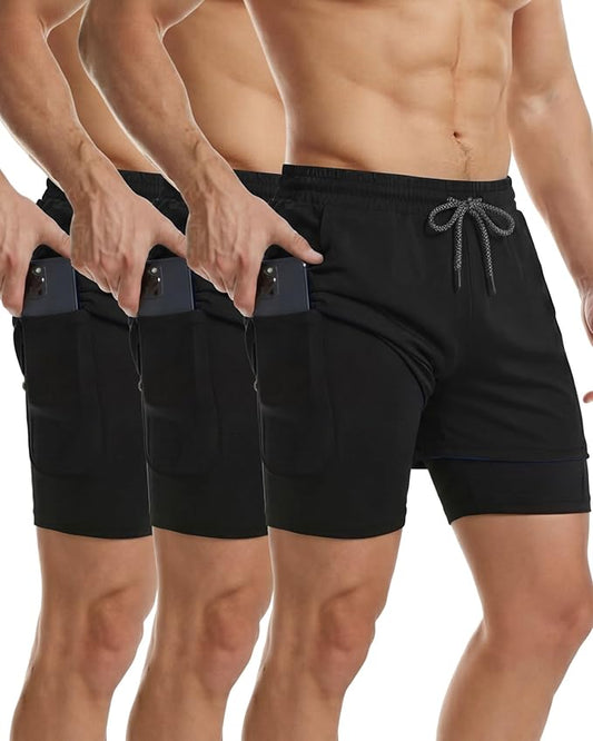 Sureio 3 Pcs Men's 2 in 1 Workout Running Shorts 5 Inch Quick Dry Athletic Gym Shorts with Liner and Side Pockets Towel Loop