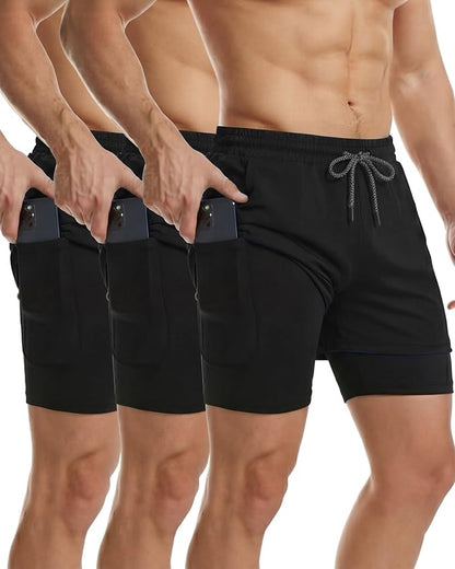 Sureio 3 Pcs Men's 2 in 1 Workout Running Shorts 5 Inch Quick Dry Athletic Gym Shorts with Liner and Side Pockets Towel Loop