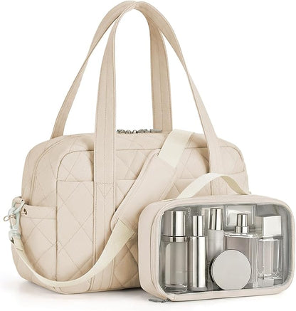Percover Women Gym Bag with Toiletry Organizer Pouch, Quilted Workout Duffle with Compartments for Daily Fitness & Yoga, Locker-Friendly Soft Carry, Ivory Beige